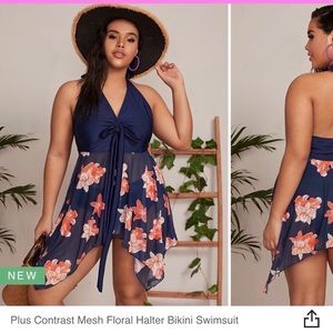 NEW, 16W navy/orange halter two-piece swimsuit